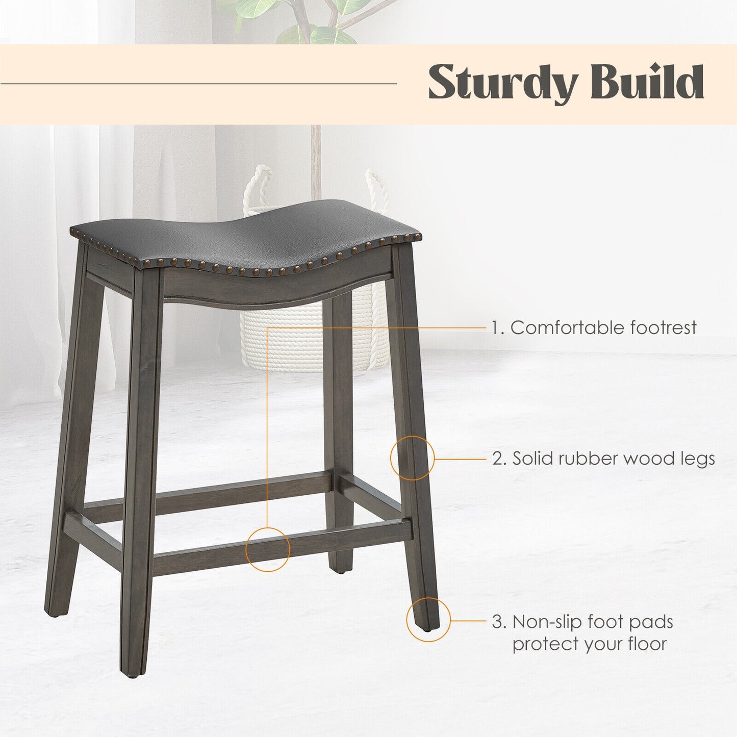 Set of 2 Grey PU Leather Saddle Counter Stools with Durable Rubber Wood Legs