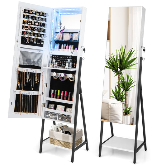 Full-Length Mirror Jewelry Armoire with LED Lights and Lockable Storage – White