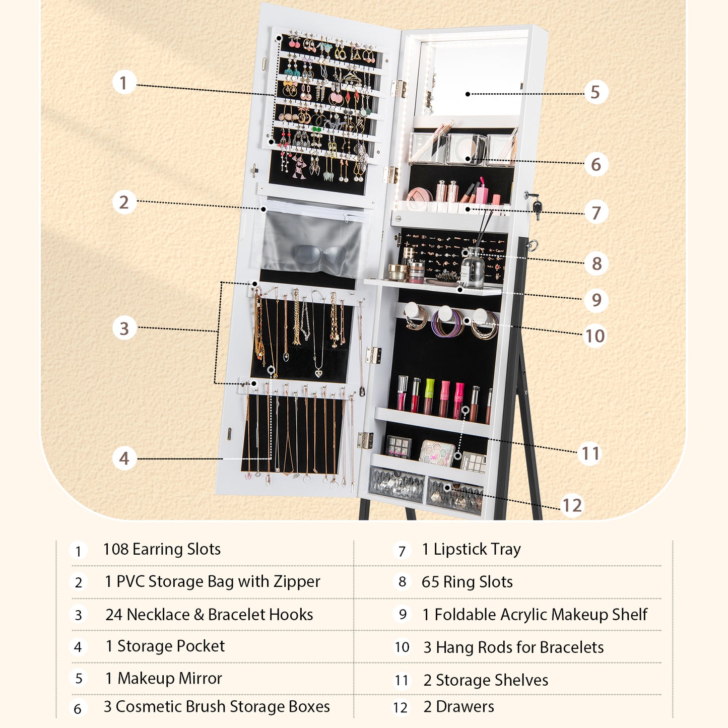 Full-Length Mirror Jewelry Armoire with LED Lights and Lockable Storage – White