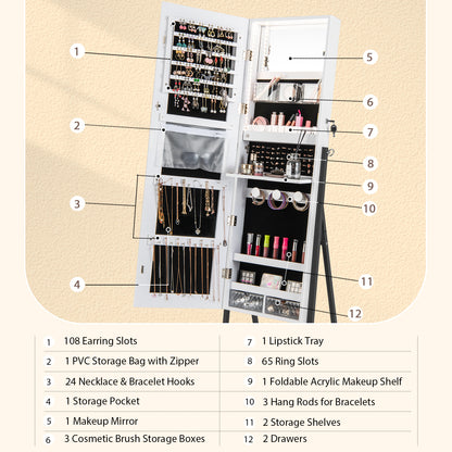 Full-Length Mirror Jewelry Armoire with LED Lights and Lockable Storage – White