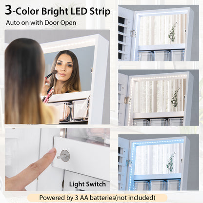 Full-Length Mirror Jewelry Armoire with LED Lights and Lockable Storage – White