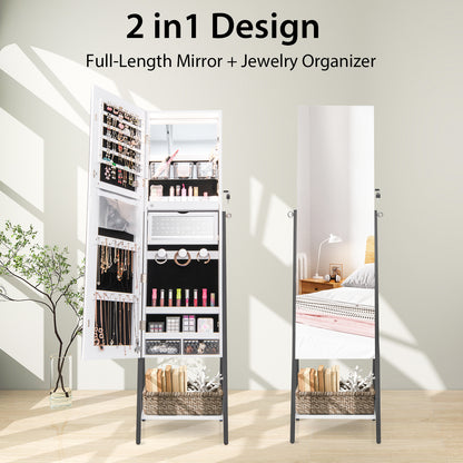 Full-Length Mirror Jewelry Armoire with LED Lights and Lockable Storage – White