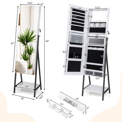 Full-Length Mirror Jewelry Armoire with LED Lights and Lockable Storage – White