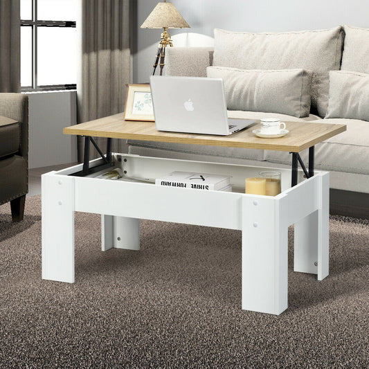 Lift Top Coffee Table with Hidden Storage Compartment in White Finish