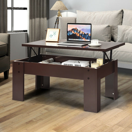Lift Top Coffee Table with Hidden Storage Compartment in Brown Finish