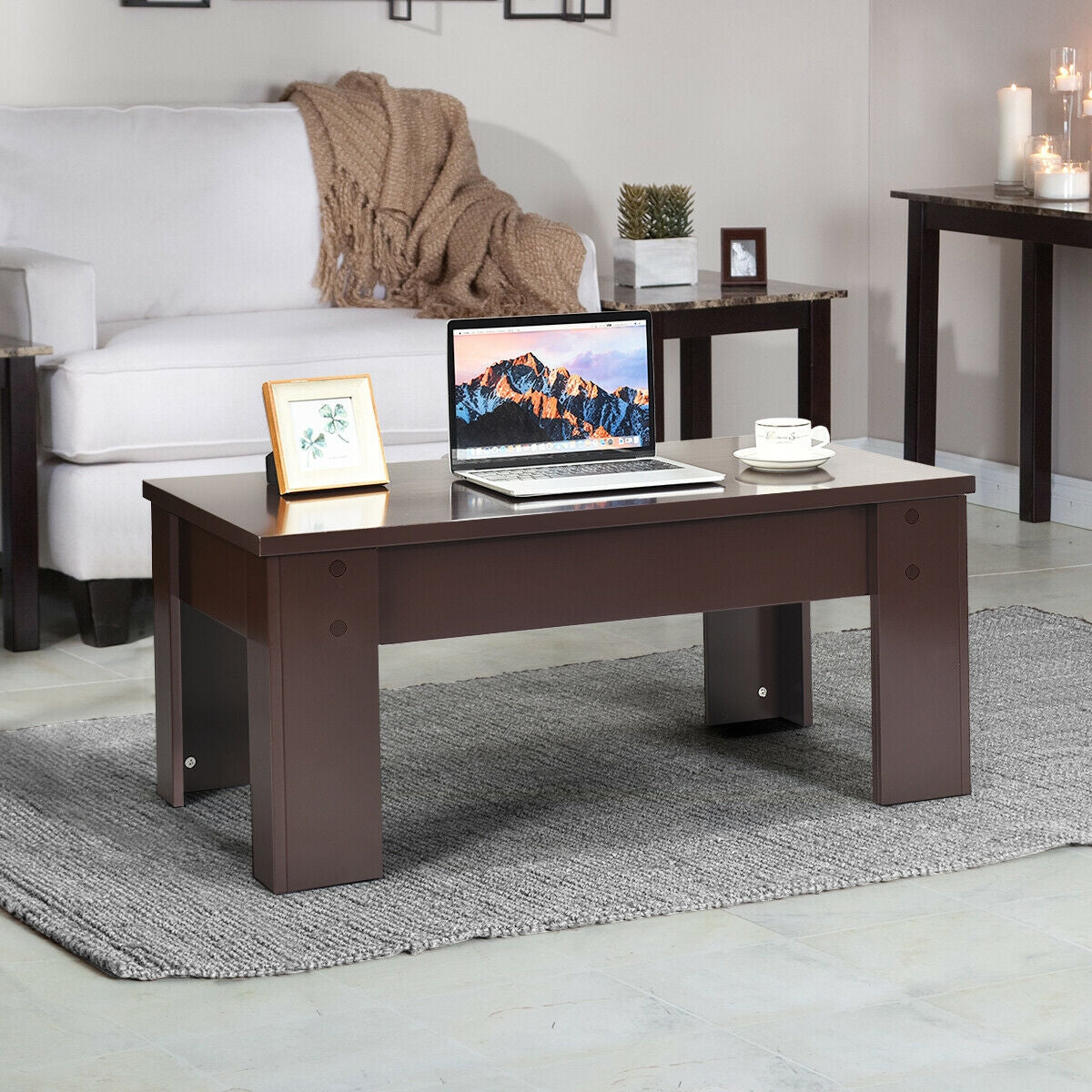 Lift Top Coffee Table with Hidden Storage Compartment in Brown Finish