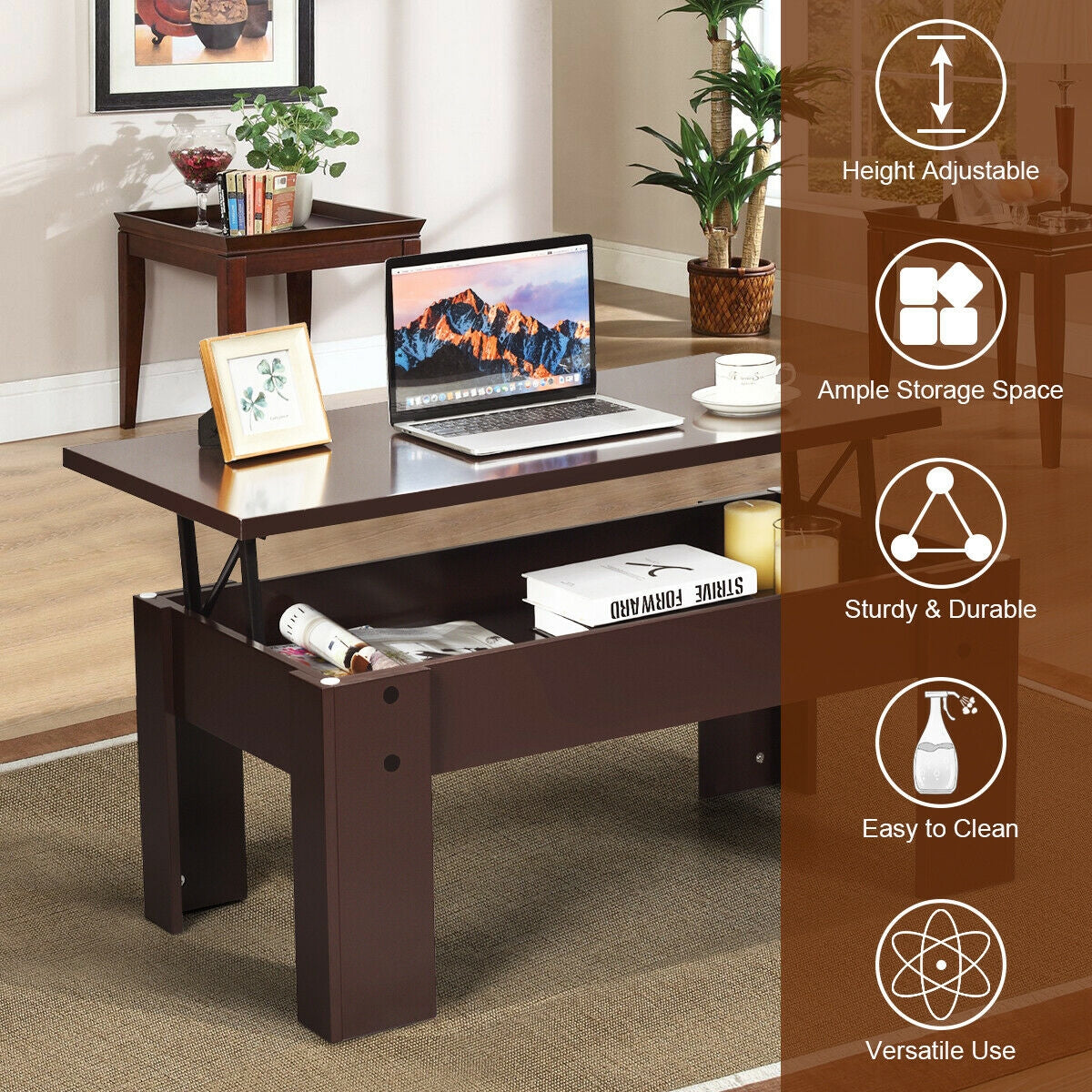 Lift Top Coffee Table with Hidden Storage Compartment in Brown Finish