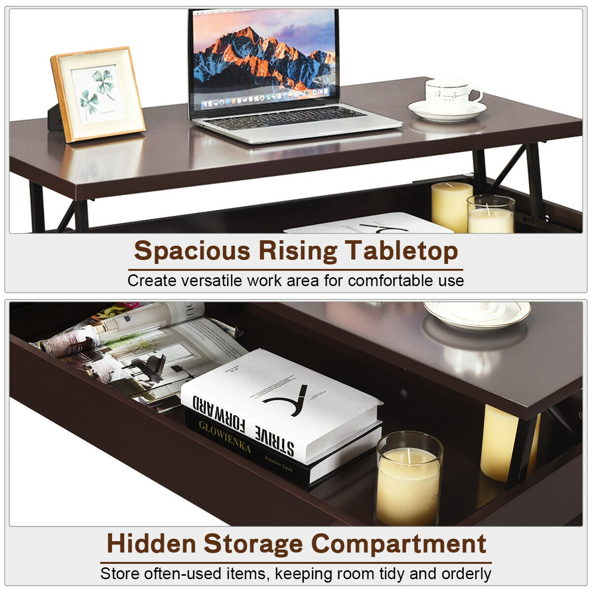 Lift Top Coffee Table with Hidden Storage Compartment in Brown Finish
