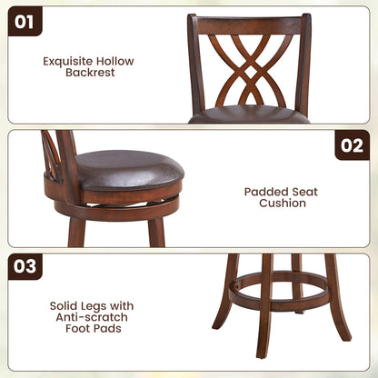 Set of 2 PU Leather 26 Inch Swivel Bar Stools with Footrests and Wooden Backrest