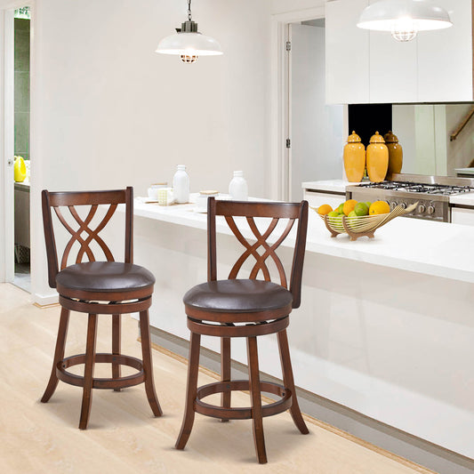 Set of 2 PU Leather 26 Inch Swivel Bar Stools with Footrests and Wooden Backrest