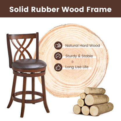 Set of 2 PU Leather 26 Inch Swivel Bar Stools with Footrests and Wooden Backrest