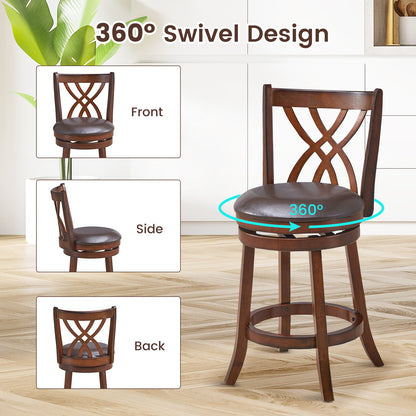 Set of 2 PU Leather 26 Inch Swivel Bar Stools with Footrests and Wooden Backrest