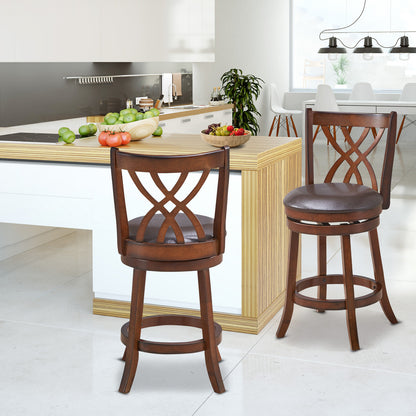 Set of 2 PU Leather 26 Inch Swivel Bar Stools with Footrests and Wooden Backrest