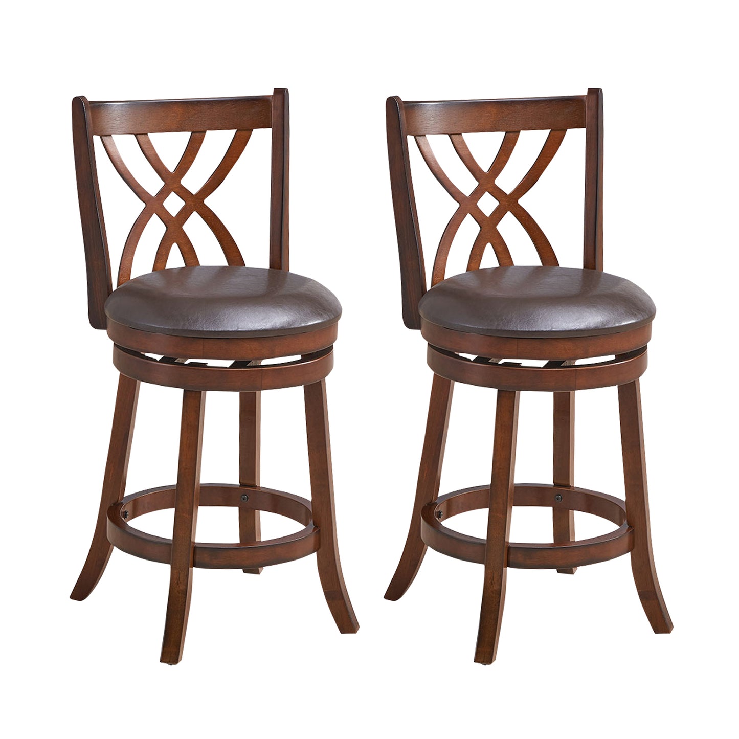 Set of 2 PU Leather 26 Inch Swivel Bar Stools with Footrests and Wooden Backrest