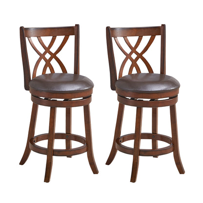 Set of 2 PU Leather 26 Inch Swivel Bar Stools with Footrests and Wooden Backrest