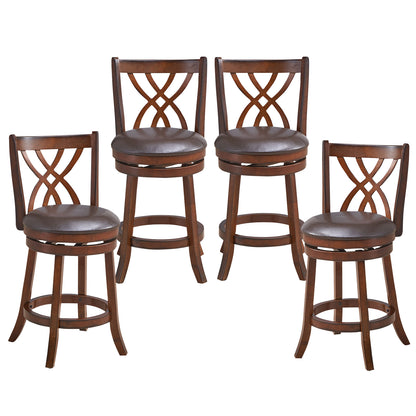 Set of 2 PU Leather 26 Inch Swivel Bar Stools with Footrests and Wooden Backrest
