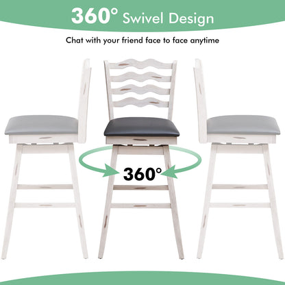 Pair of 29 Inch Swivel Bar Stools with Rubber Wood Frame and Ergonomic Backrest with Footrest