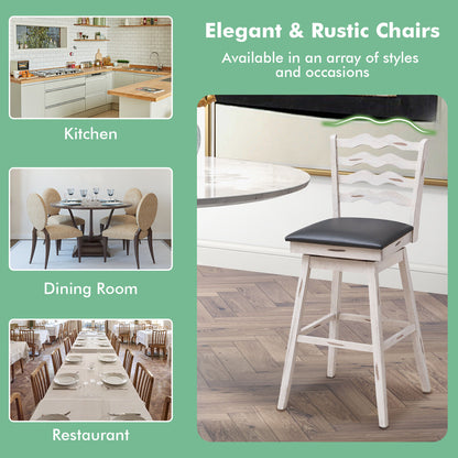 Pair of 29 Inch Swivel Bar Stools with Rubber Wood Frame and Ergonomic Backrest with Footrest