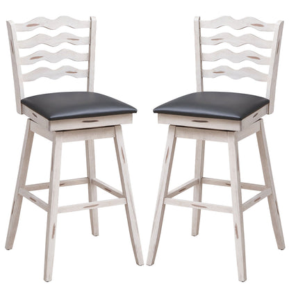 Pair of 29 Inch Swivel Bar Stools with Rubber Wood Frame and Ergonomic Backrest with Footrest