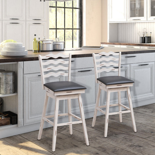 Pair of 29 Inch Swivel Bar Stools with Rubber Wood Frame and Ergonomic Backrest with Footrest
