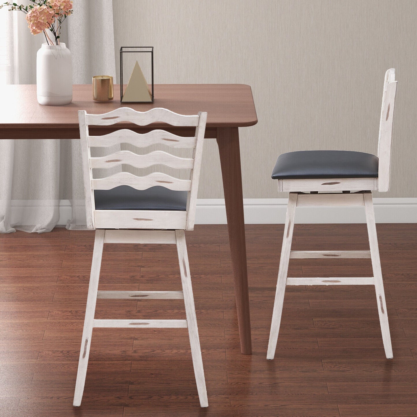 Pair of 29 Inch Swivel Bar Stools with Rubber Wood Frame and Ergonomic Backrest with Footrest