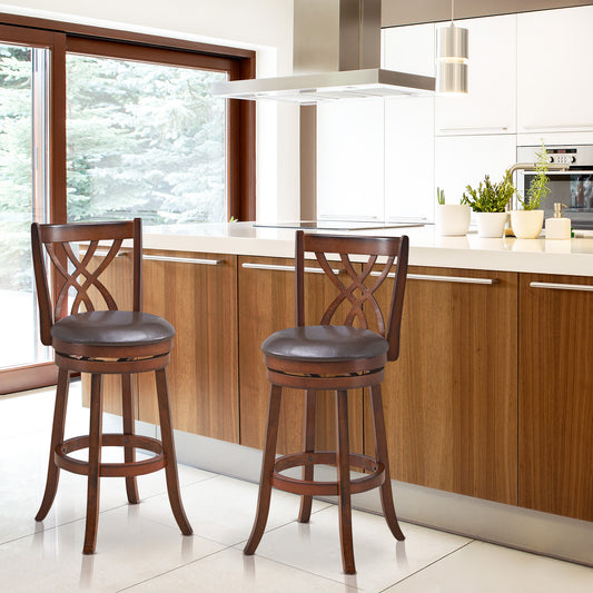 Set of 2 PU Leather 30 Inch Swivel Bar Stools with Footrests and Wooden Backrest