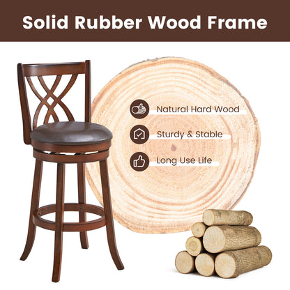 Set of 2 PU Leather 30 Inch Swivel Bar Stools with Footrests and Wooden Backrest