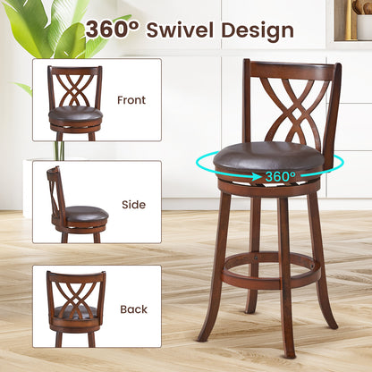 Set of 2 PU Leather 30 Inch Swivel Bar Stools with Footrests and Wooden Backrest