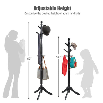 Adjustable Freestanding Wooden Coat Tree with 9 Hooks for Entryway or Bedroom - Black