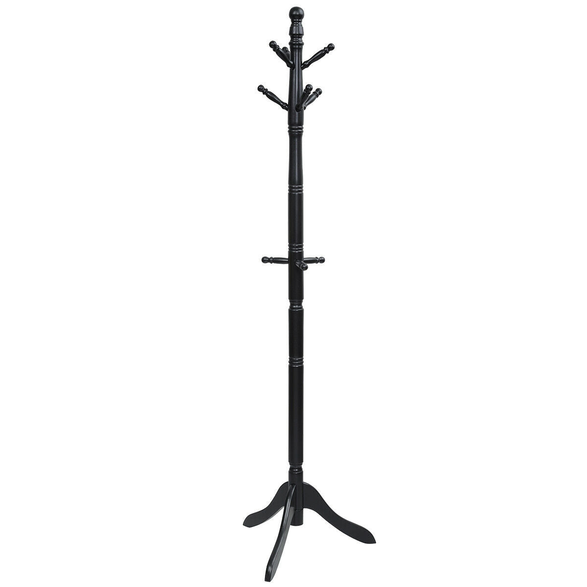 Adjustable Freestanding Wooden Coat Tree with 9 Hooks for Entryway or Bedroom - Black