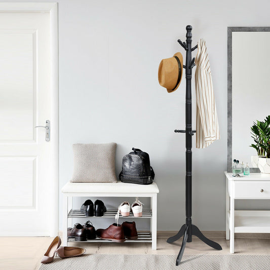 Adjustable Freestanding Wooden Coat Tree with 9 Hooks for Entryway or Bedroom - Black