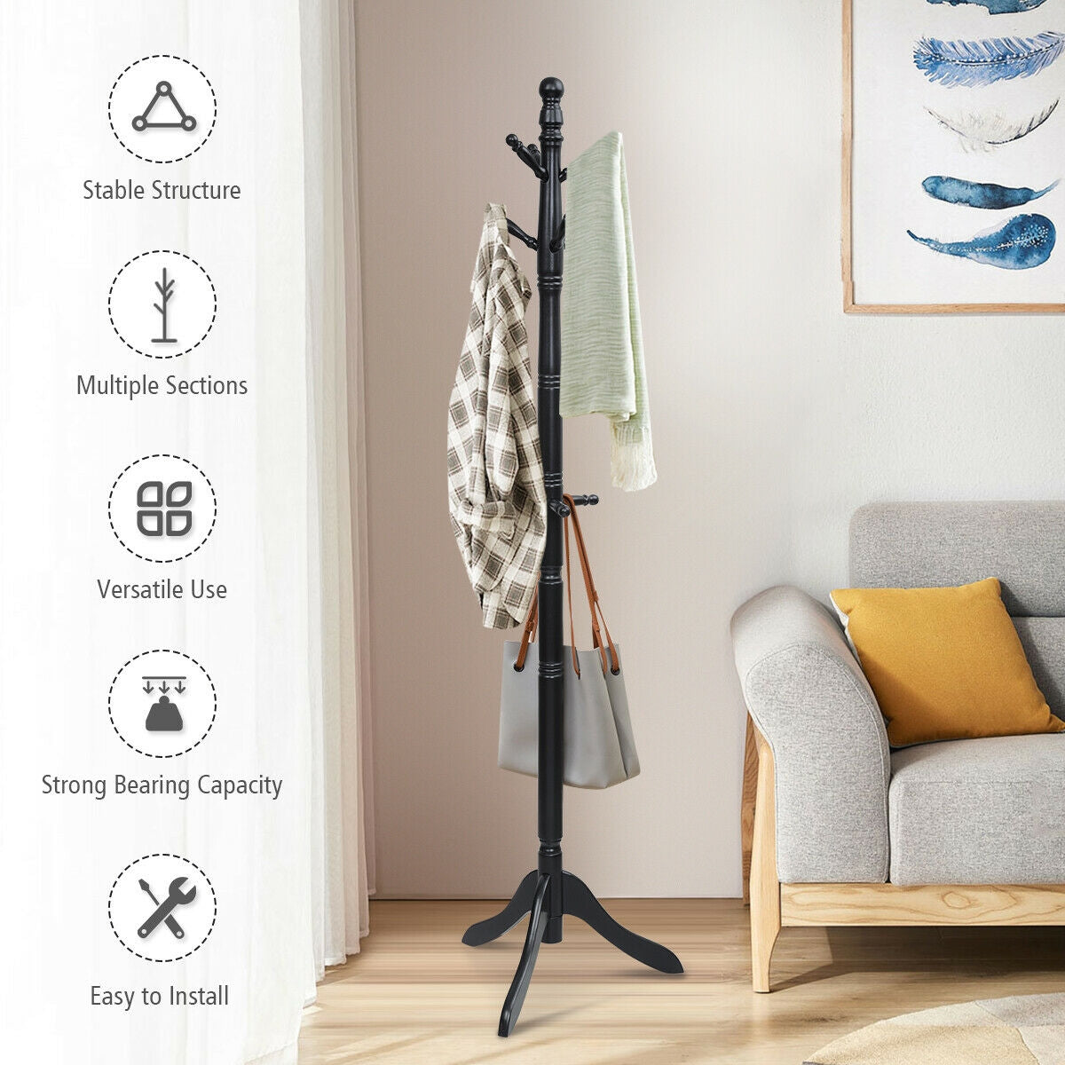 Adjustable Freestanding Wooden Coat Tree with 9 Hooks for Entryway or Bedroom - Black