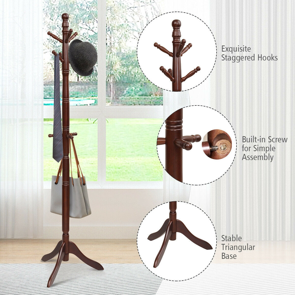 Adjustable Freestanding Wooden Coat Tree with 9 Hooks for Entryway or Bedroom - Brown