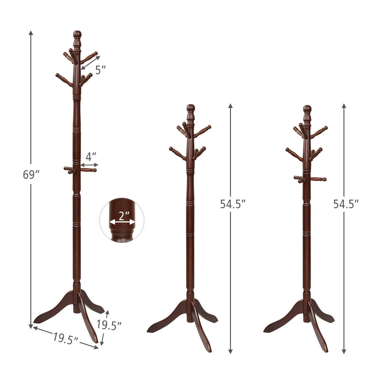 Adjustable Freestanding Wooden Coat Tree with 9 Hooks for Entryway or Bedroom - Brown