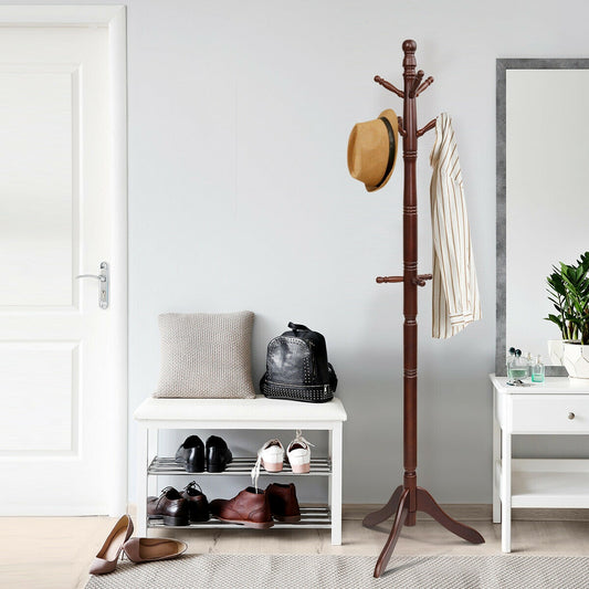 Adjustable Freestanding Wooden Coat Tree with 9 Hooks for Entryway or Bedroom - Brown
