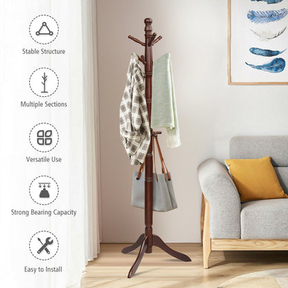 Adjustable Freestanding Wooden Coat Tree with 9 Hooks for Entryway or Bedroom - Brown