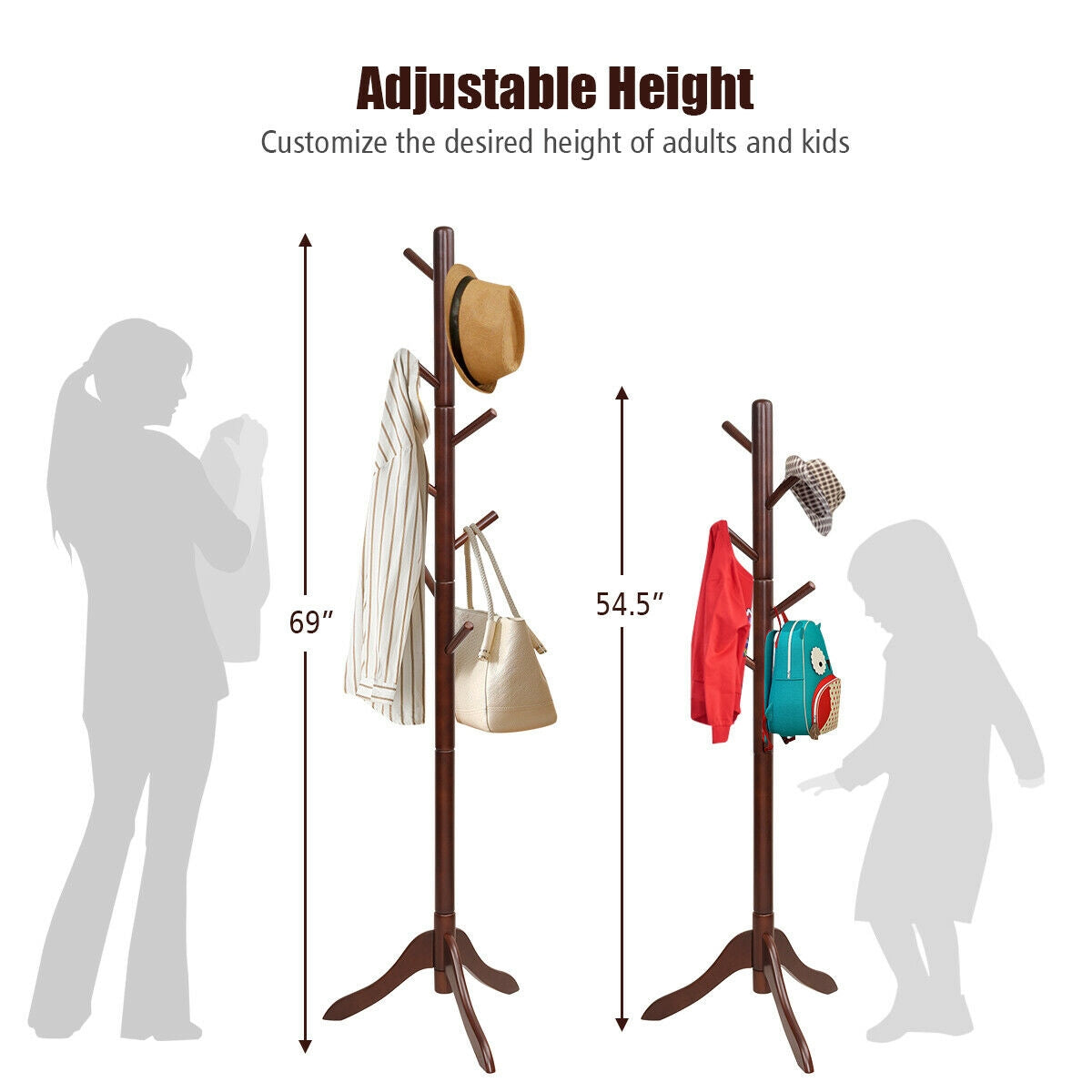 Adjustable Wooden Coat Rack Tree with 8 Hooks in Brown