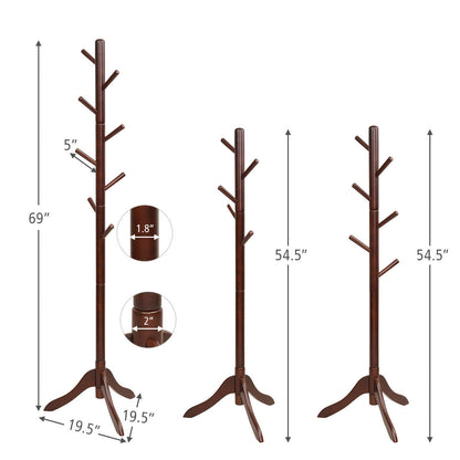 Adjustable Wooden Coat Rack Tree with 8 Hooks in Brown