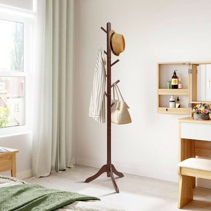 Adjustable Wooden Coat Rack Tree with 8 Hooks in Brown
