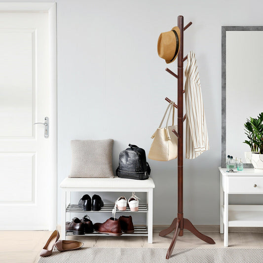 Adjustable Wooden Coat Rack Tree with 8 Hooks in Brown