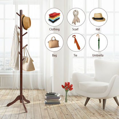 Adjustable Wooden Coat Rack Tree with 8 Hooks in Brown