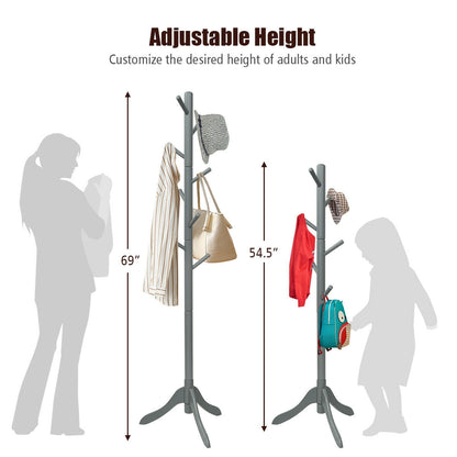 Adjustable Wooden Coat Rack Tree with 8 Hooks in Grey