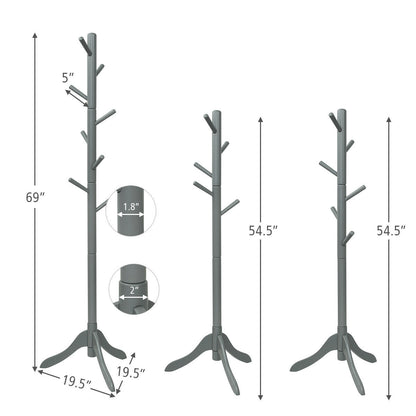 Adjustable Wooden Coat Rack Tree with 8 Hooks in Grey