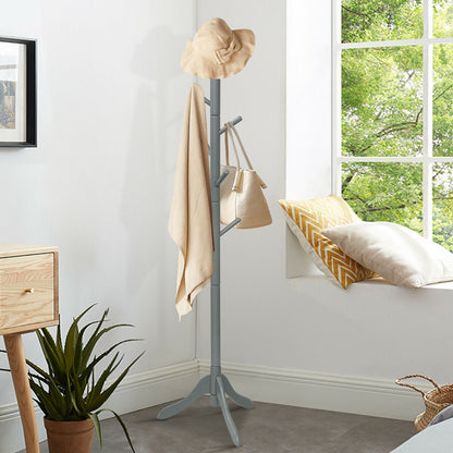 Adjustable Wooden Coat Rack Tree with 8 Hooks in Grey