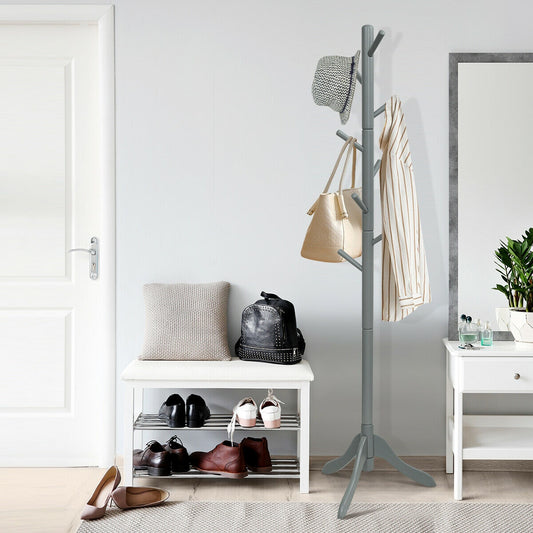 Adjustable Wooden Coat Rack Tree with 8 Hooks in Grey