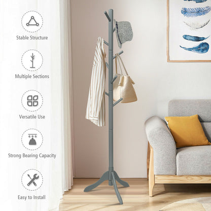 Adjustable Wooden Coat Rack Tree with 8 Hooks in Grey