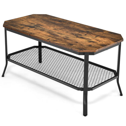 Industrial Coffee Table with Octagonal Top and Metal Mesh Storage Shelf