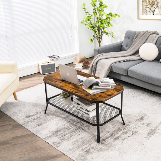 Industrial Coffee Table with Octagonal Top and Metal Mesh Storage Shelf