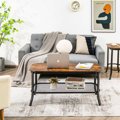 Industrial Coffee Table with Octagonal Top and Metal Mesh Storage Shelf