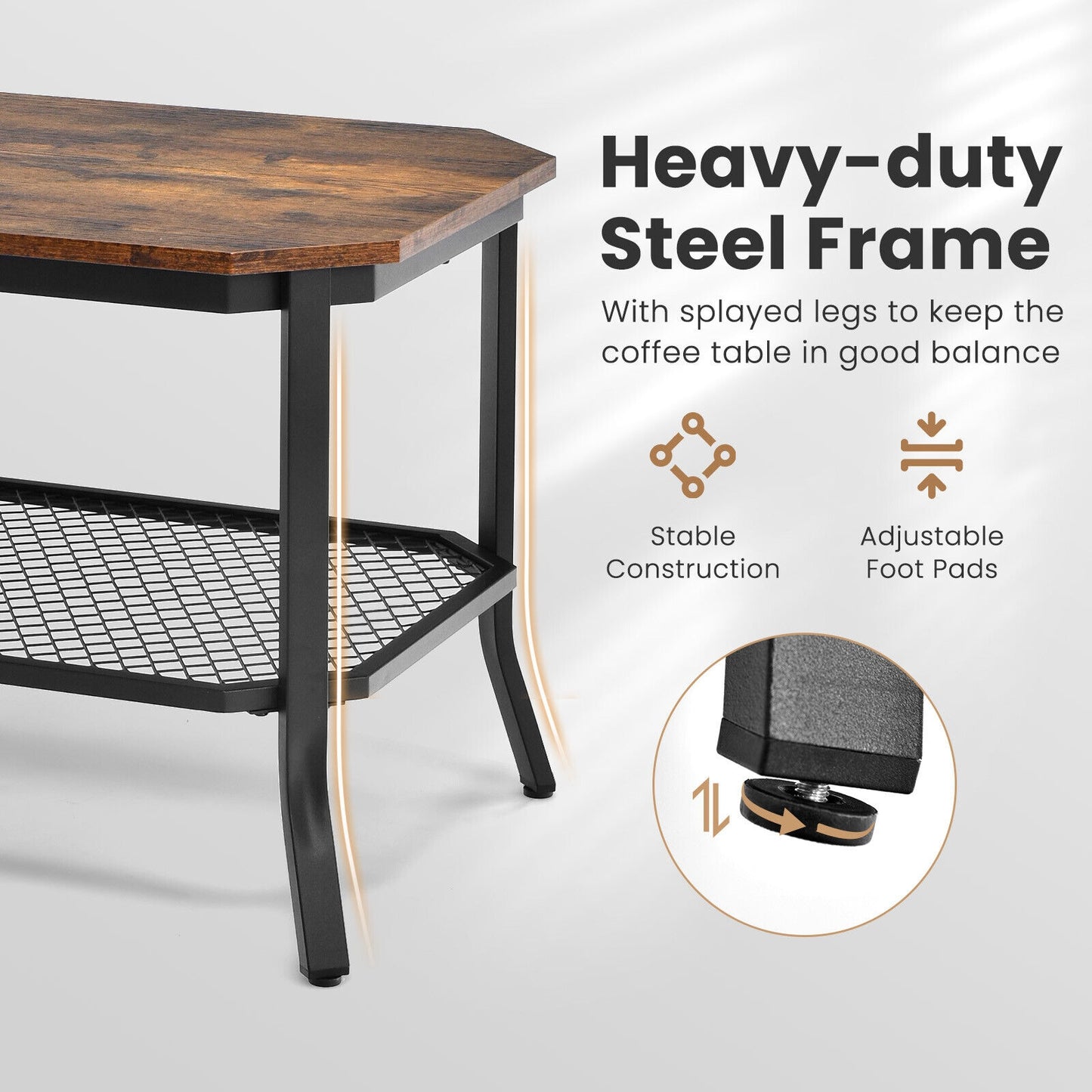 Industrial Coffee Table with Octagonal Top and Metal Mesh Storage Shelf